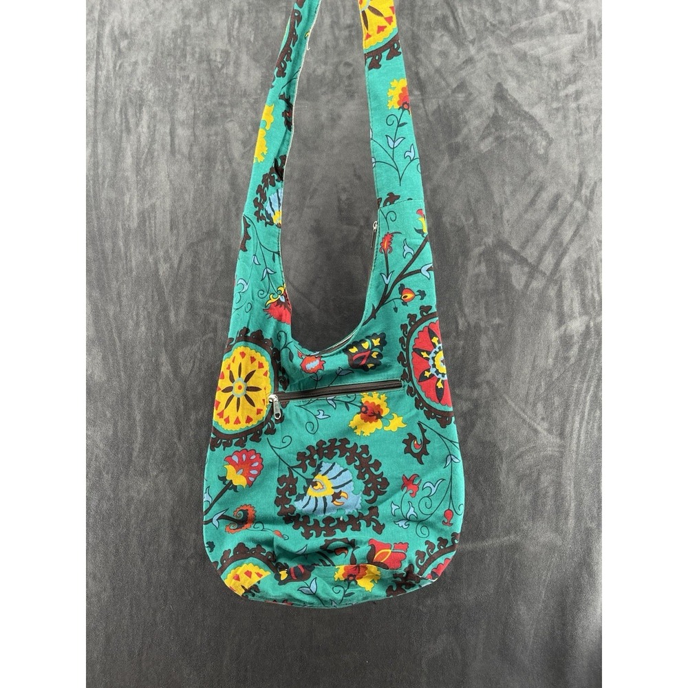 Boho Floral Cotton Sling Crossbody Hobo Bag Teal Hippie Festival Zip Purse